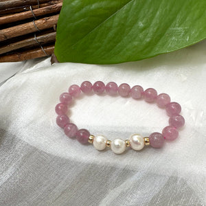 Madagascar Rose Quartz & Freshwater Pearl Stretch Bracelet, Gold Filled, 7"inches, In 8mm