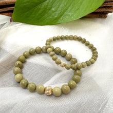 Load image into Gallery viewer, Olive Green Jasper Bracelet in 6 or 8mm, Gold Filled, Green Olivine Jasper Stretch Bracelet, 7&quot;in
