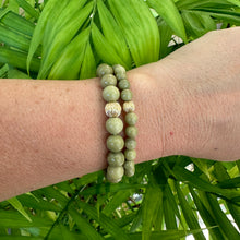 Load image into Gallery viewer, Olive Green Jasper Bracelet in 6 or 8mm, Gold Filled, Green Olivine Jasper Stretch Bracelet, 7&quot;in
