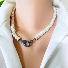 Load image into Gallery viewer, Freshwater Button Pearls Candy Necklace, Diamonds Pave Oxidized Silver Lobster Clasp, 18&quot;inches
