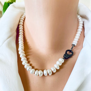 Freshwater Button Pearls Candy Necklace, Diamonds Pave Oxidized Silver Lobster Clasp, 18"inches