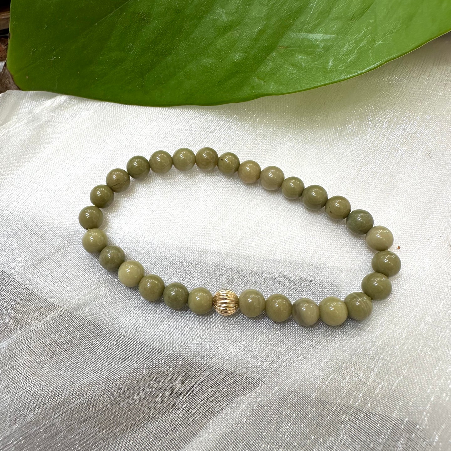 Olive Green Jasper Bracelet in 6 or 8mm, Gold Filled, Green Olivine Jasper Stretch Bracelet, 7