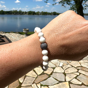 White Tridacna Bracelet & Sparkling CZ Pave Gunmetal Plated Accent Ball, 7"inches, Unisex Bracelet