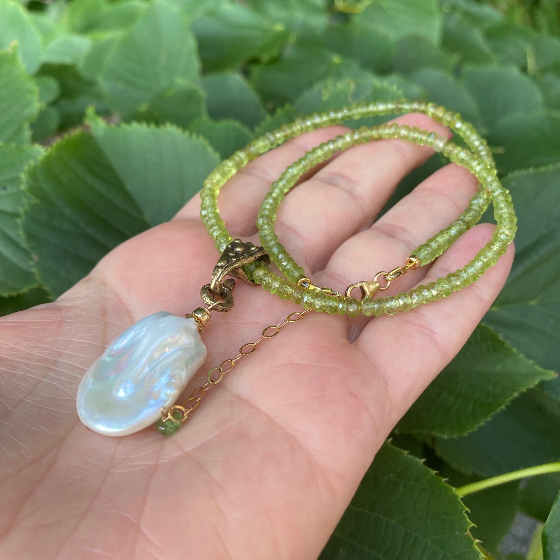 Baroque Pearl Pendant on Peridot Necklace