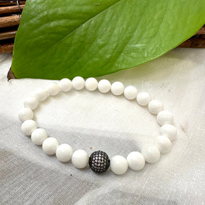 White Tridacna Bracelet & Sparkling CZ Pave Gunmetal Plated Accent Ball, 7"inches, Unisex Bracelet