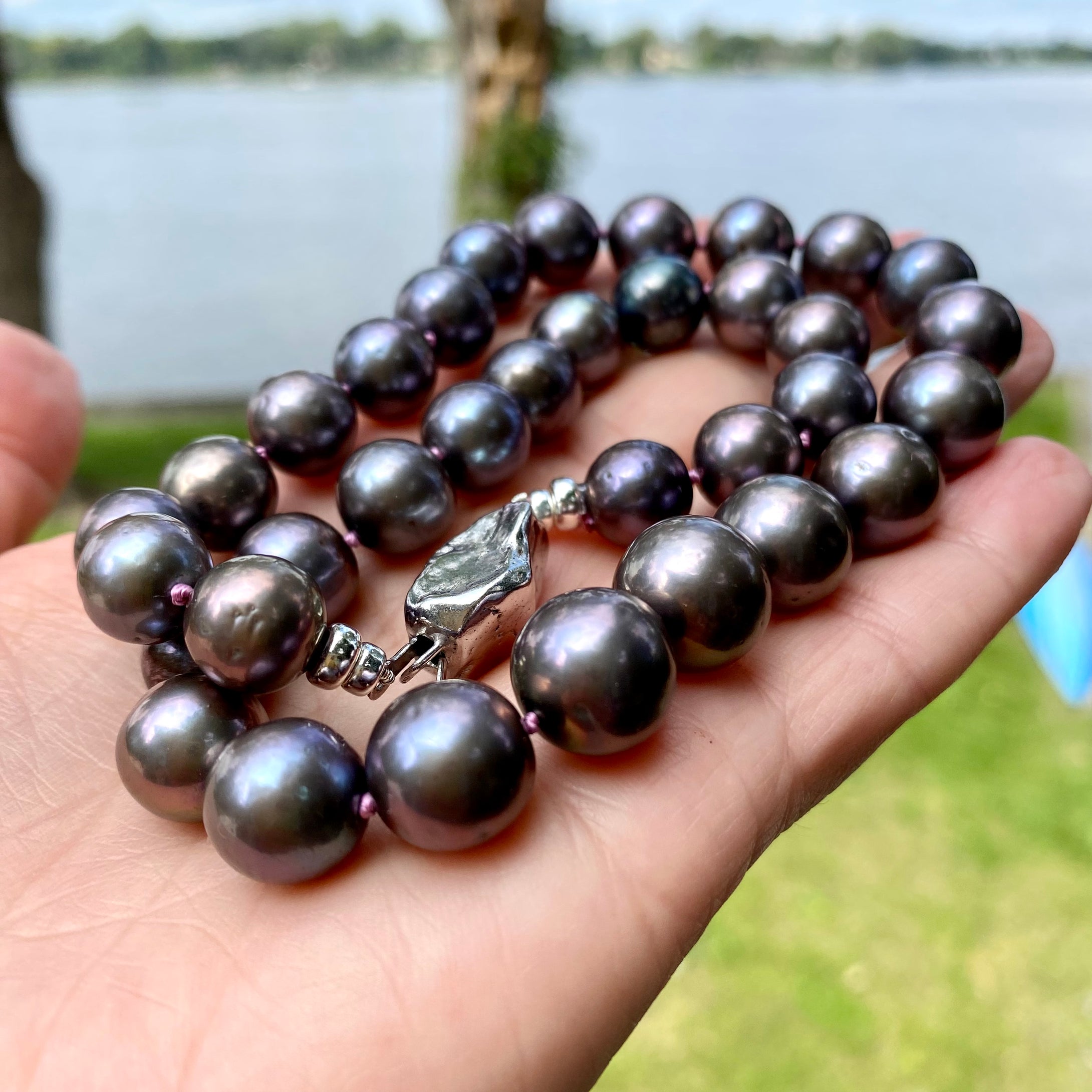 Chunky Black Pearls Necklace, Silver