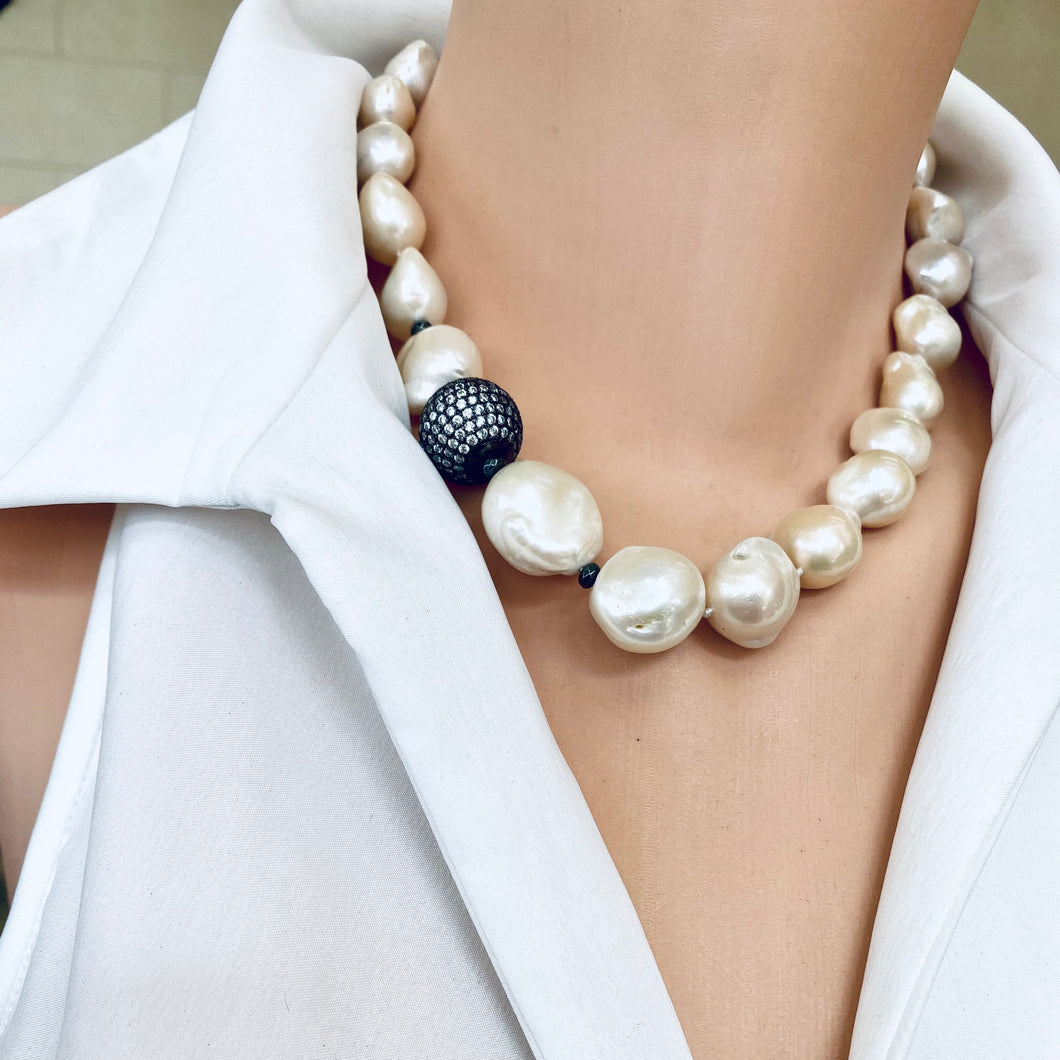 Ivory Baroque Pearl Necklace, Black Rhodium Plated Silver Details, Pave Cubic Zirconia Ball Spacer, 18
