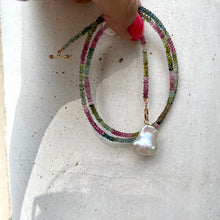 Load image into Gallery viewer, Minimalist Baroque Pearl and Tourmaline Necklace with T-Bar Clasp
