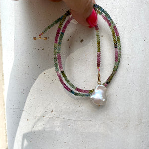 Minimalist Baroque Pearl and Tourmaline Necklace with T-Bar Clasp