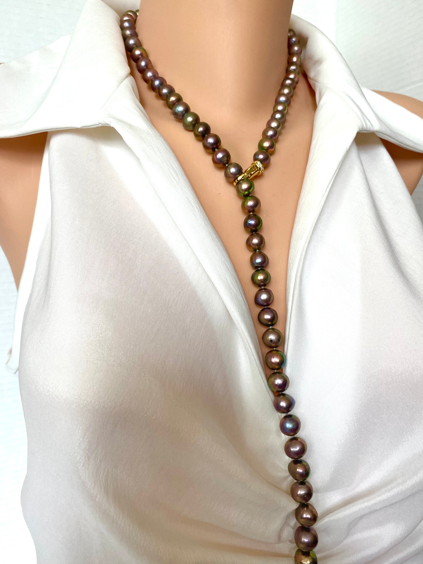 Metallic Pearl Necklace, Long Freshwater Pearl Necklace, Double Wrap Pearl Choker, Y Necklace, 31.5"