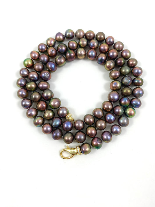 Metallic Pearl Necklace, Long Freshwater Pearl Necklace, Double Wrap Pearl Choker, Y Necklace, 31.5"