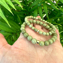 Carica l&#39;immagine nel visualizzatore di Gallery, Genuine Beaded Olive Green Jasper Stretchy Bracelet in 6 or 8mm, Gold Filled, 7&quot;inches
