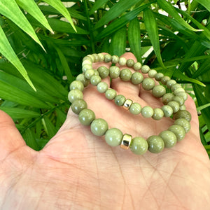 Genuine Beaded Olive Green Jasper Stretchy Bracelet in 6 or 8mm, Gold Filled, 7"inches