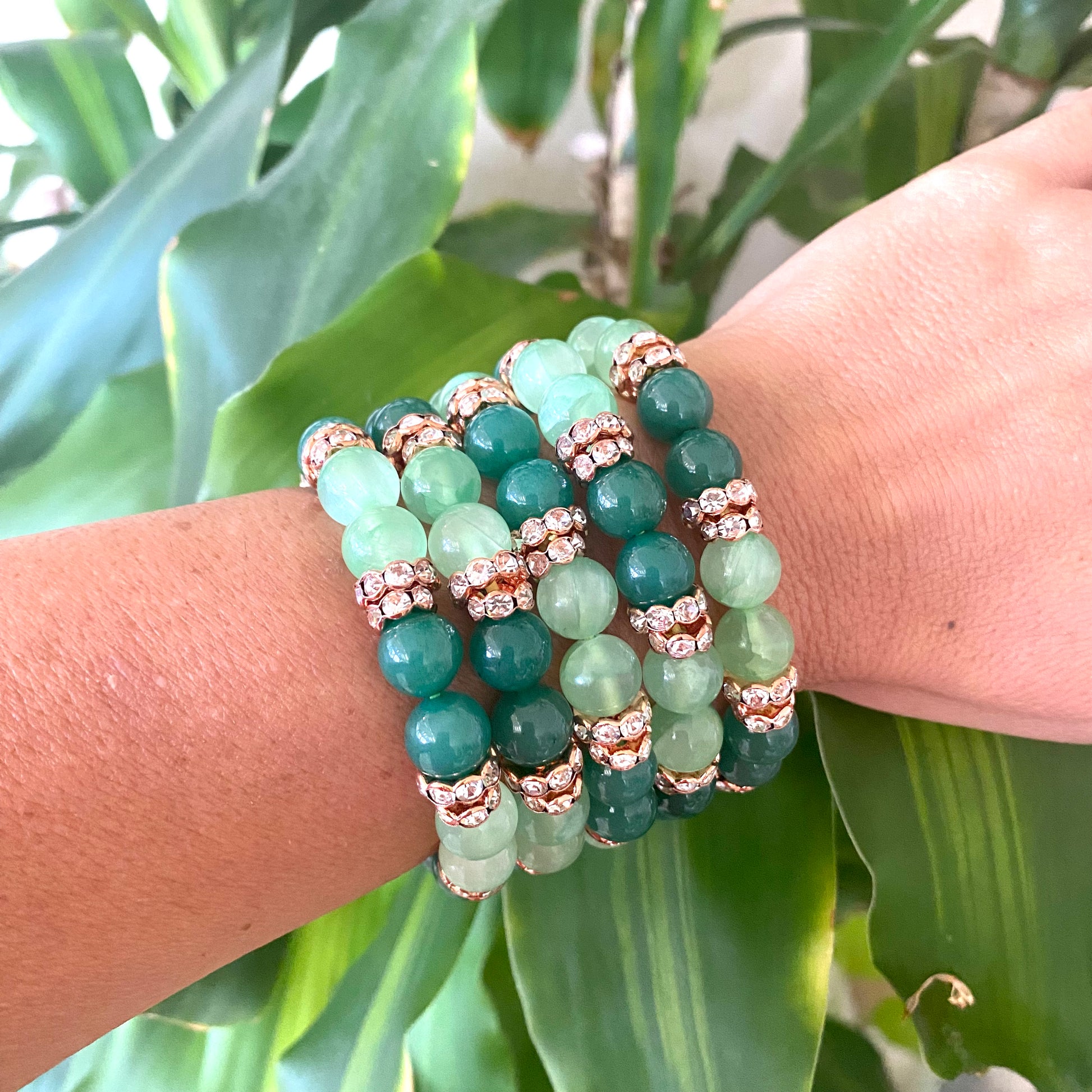 Colorful jade rhinestone stretchy bracelet worn stacked with green jade bead variations