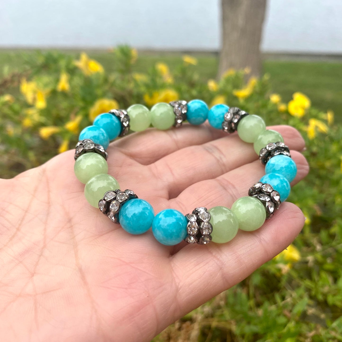 Colorful jade rhinestone stretchy bracelet showing turquoise and green jade beads