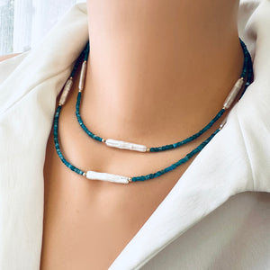 Dainty Neon Blue Apatite & White Bar Pearls Necklace, Gold Filled 16.5"-18"inches