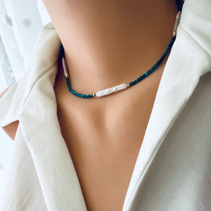 Neon Blue Apatite & White Bar Pearls Necklace, 14K GF, 16.5"-18"