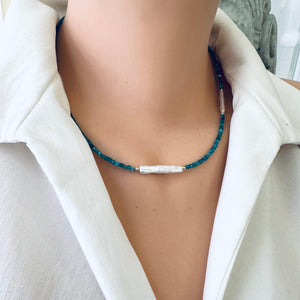 Neon Blue Apatite & White Bar Pearls Necklace, 14K GF, 16.5"-18"