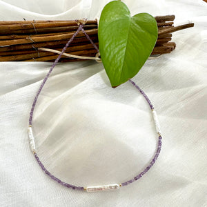 Amethyst & White Bar Pearls Necklace, Gold Filled 15.5"-18.5"inches, February Birthstone