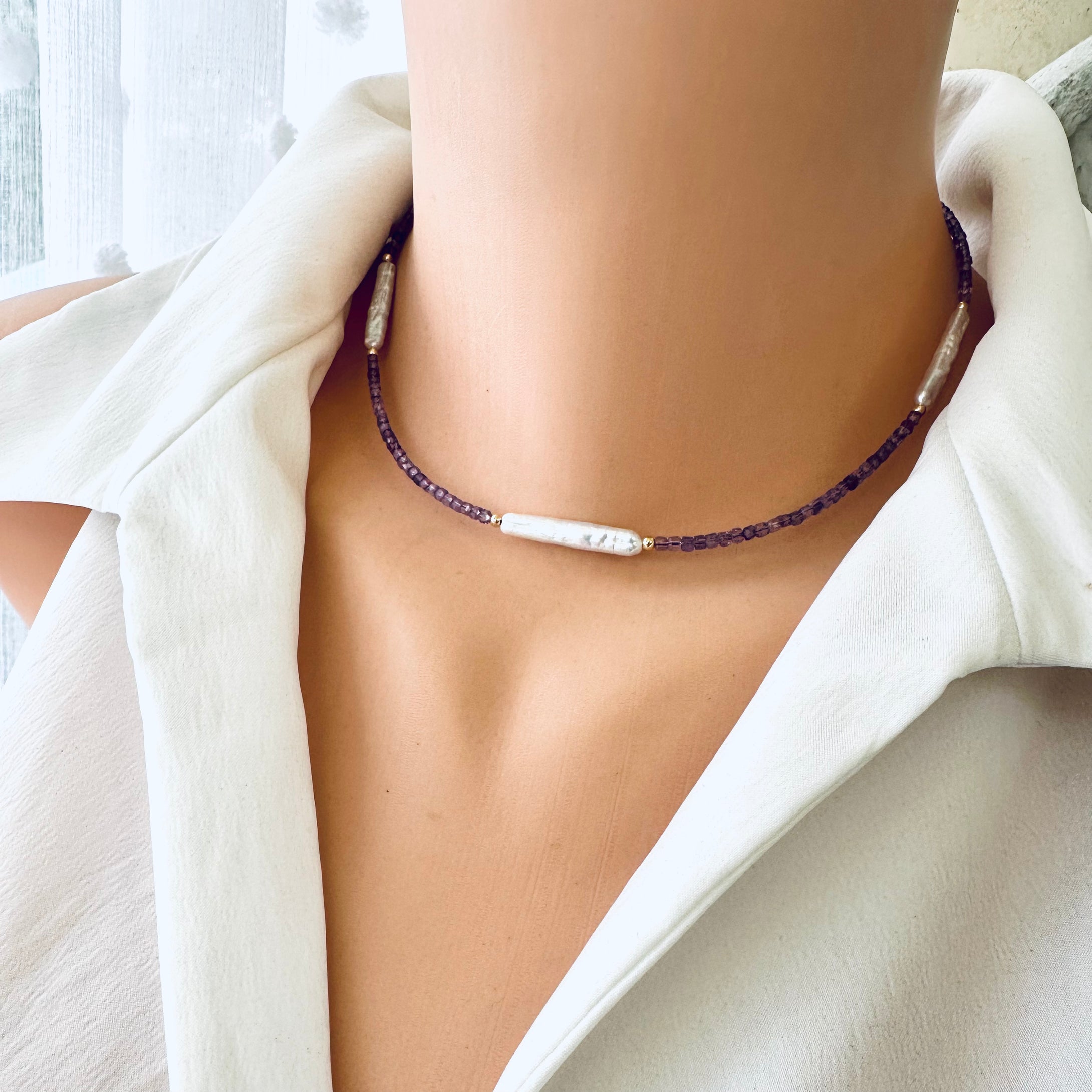 Amethyst & White Bar Pearls Necklace, 14K GF