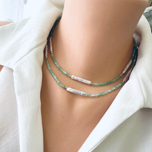 Cargar imagen en el visor de la galería, Green Chrysoprase Choker Necklace &amp; White Bar Pearls, 14K GF, 16&quot;-17.5&quot;
