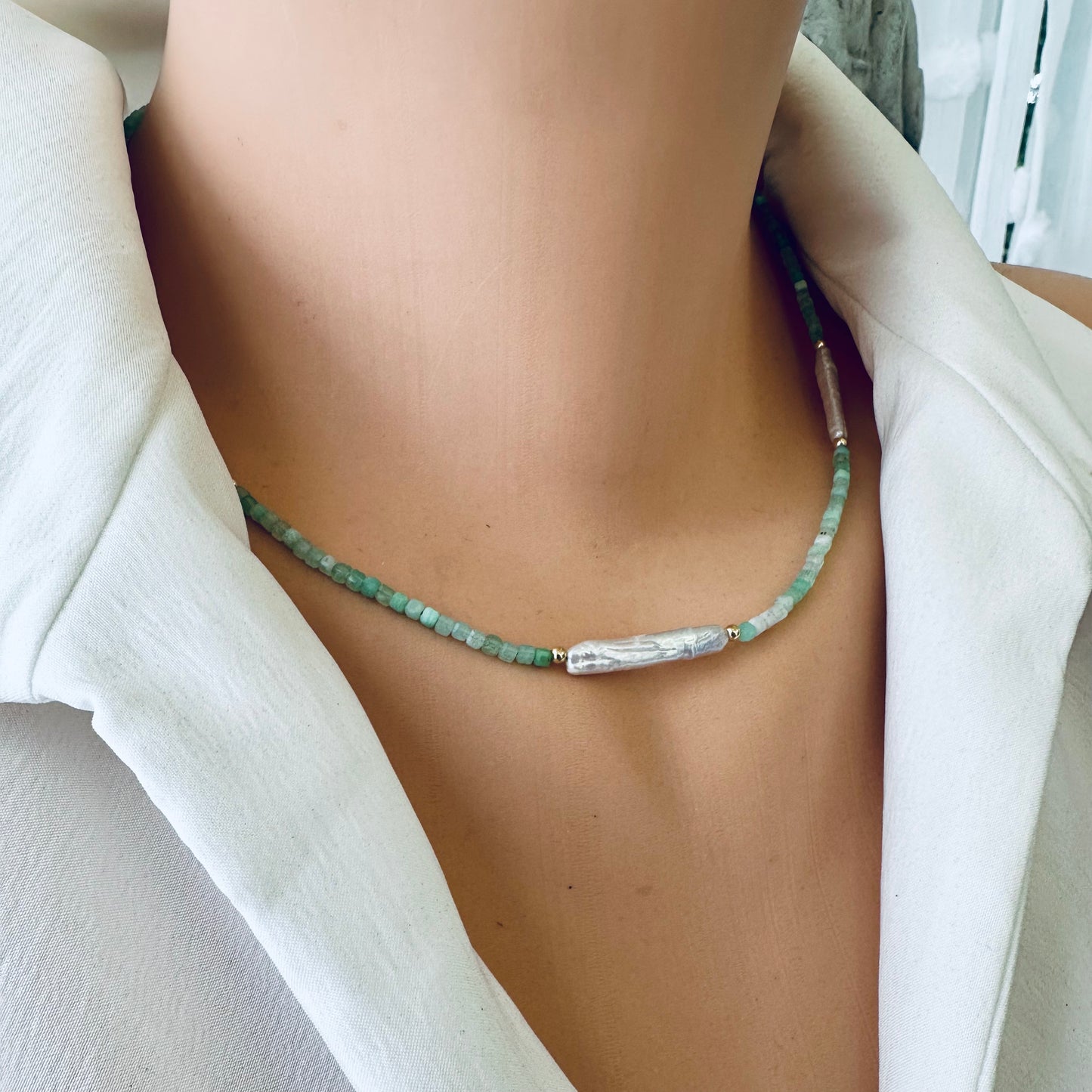 Green Chrysoprase Necklace with Baroque Pearl on mannequin – detailed frontal shot