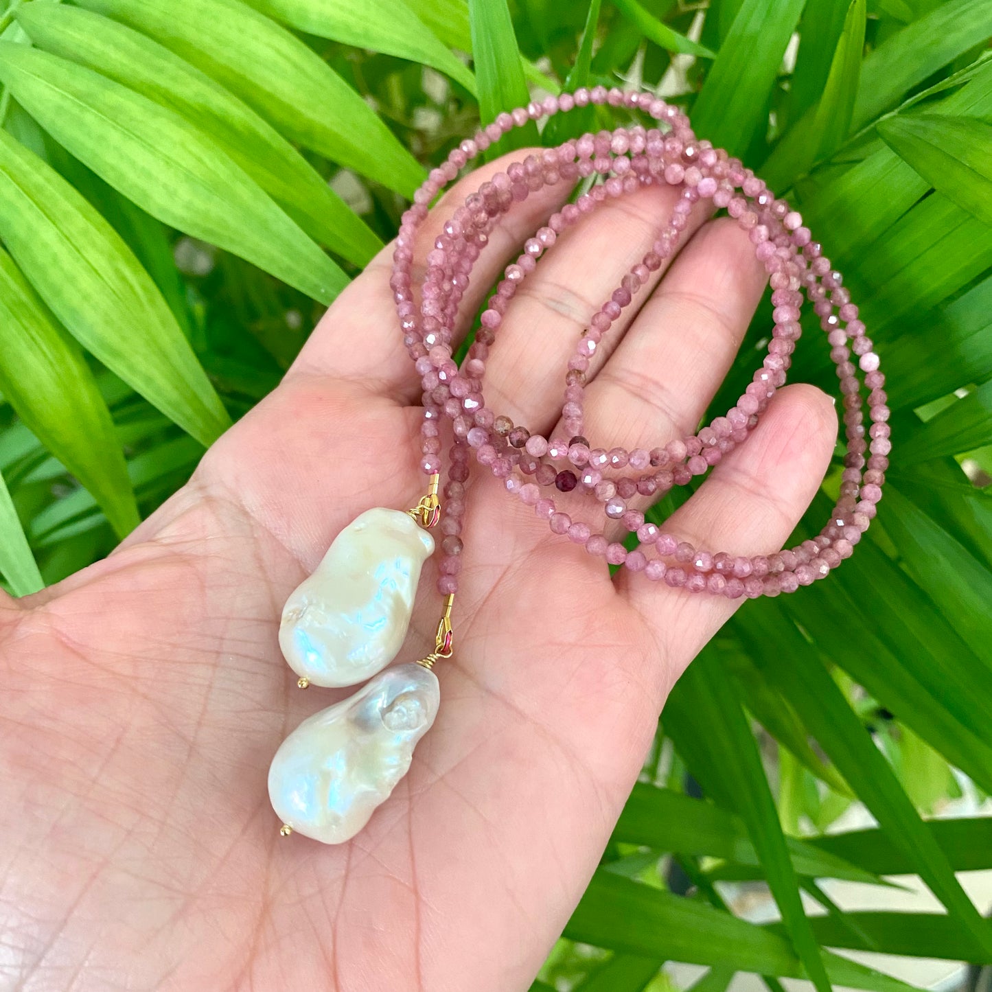 Pink Tourmaline Pearl Lariat Necklace featuring faceted pink tourmaline beads and large baroque pearls.
