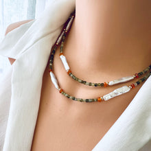 Cargar imagen en el visor de la galería, Dainty Tsavorite Green Garnet, Carnelian &amp; White Bar Pearls Beaded Necklace, Gold Filled 17&quot;-18.5&quot;inches
