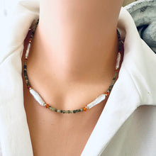 Cargar imagen en el visor de la galería, Dainty Tsavorite Green Garnet, Carnelian &amp; White Bar Pearls Beaded Necklace, Gold Filled 17&quot;-18.5&quot;inches
