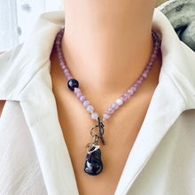 Cargar imagen en el visor de la galería, Amethyst Necklace and Black Baroque Pearl Pendant, Artisan Gold Bronze &amp; Gold Filled, Heart Charm, 18.5&#39;, February Birthday
