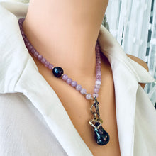 Load image into Gallery viewer, Amethyst Necklace and Black Baroque Pearl Pendant, Artisan Gold Bronze &amp; Gold Filled, Heart Charm, 18.5&#39;, February Birthday
