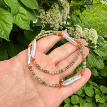 Cargar imagen en el visor de la galería, Dainty Tsavorite Green Garnet, Carnelian &amp; White Bar Pearls Beaded Necklace, Gold Filled 17&quot;-18.5&quot;inches
