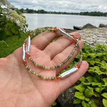 Load image into Gallery viewer, Dainty Tsavorite Green Garnet, Carnelian &amp; White Bar Pearls Beaded Necklace, Gold Filled 17&quot;-18.5&quot;inches
