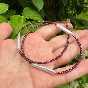 Dainty Dark Red Garnet & White Bar Pearls Necklace, Gold Filled 16.5"-18.5"inches, Garnet Jewelry, January Birthstone