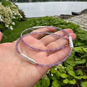 Amethyst & White Bar Pearls Necklace, Gold Filled 15.5"-18.5"inches, February Birthstone