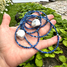 Charger l&#39;image dans la galerie, Single Strand of Blue Kyanite and two Large Baroque Pearls Lariat Necklace, September Birthstone, 48&quot;inches
