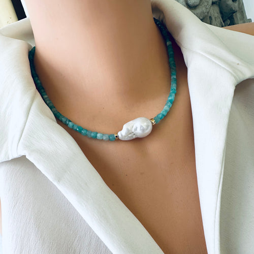 Blue Amazonite Beaded Necklace w Fresh Water White Baroque Pearl and Gold Filled Details, 17