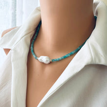 Carica l&#39;immagine nel visualizzatore di Gallery, Blue Amazonite Beaded Necklace w Fresh Water White Baroque Pearl and Gold Filled Details, 17&quot;inches
