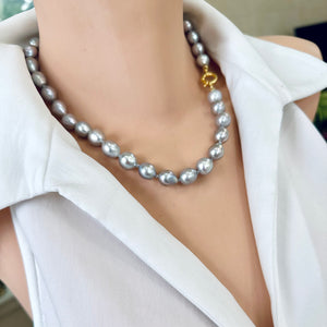 Hand-Knotted Grey Pearl Necklace & Gold Vermeil Plated Silver Details, 19"inches, Marine Clasp