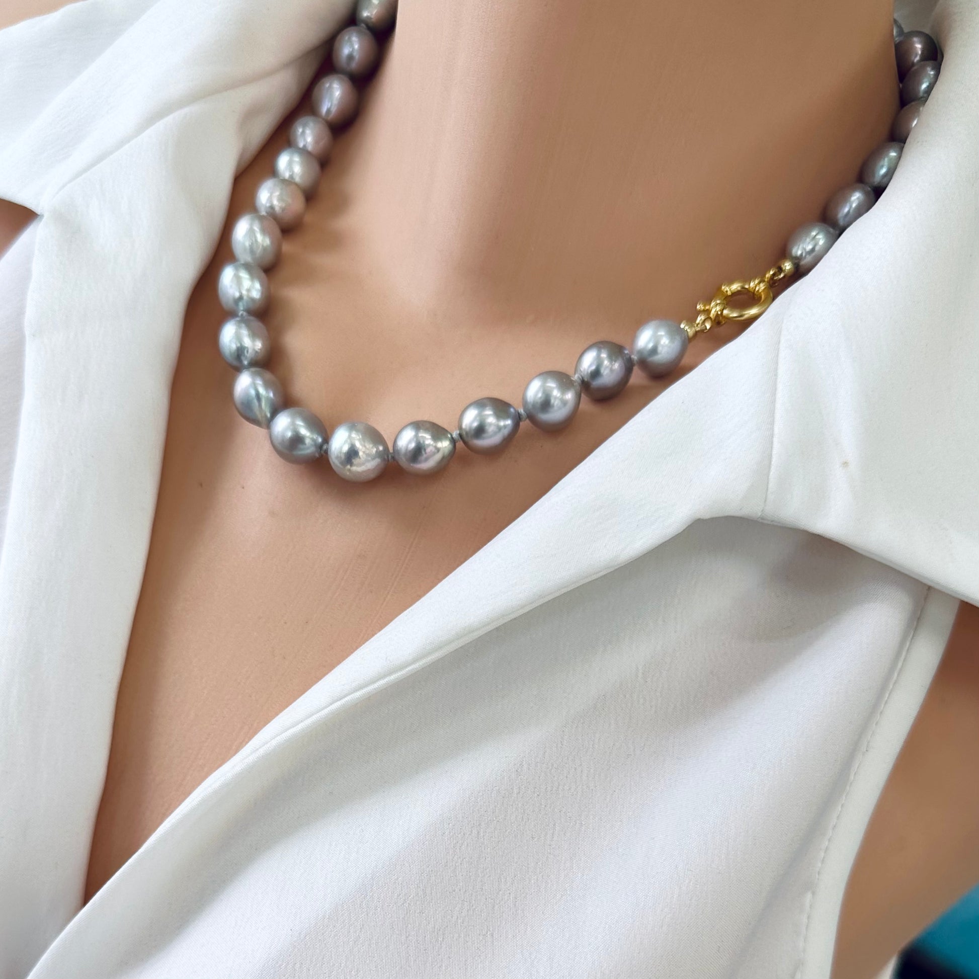 Grey Pearl Necklace worn on mannequin – front close-up – handmade in Canada