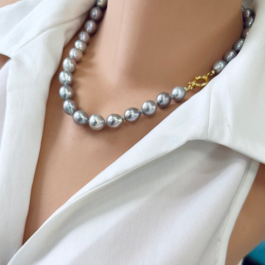 Grey Pearl Necklace worn on mannequin – front close-up – handmade in Canada