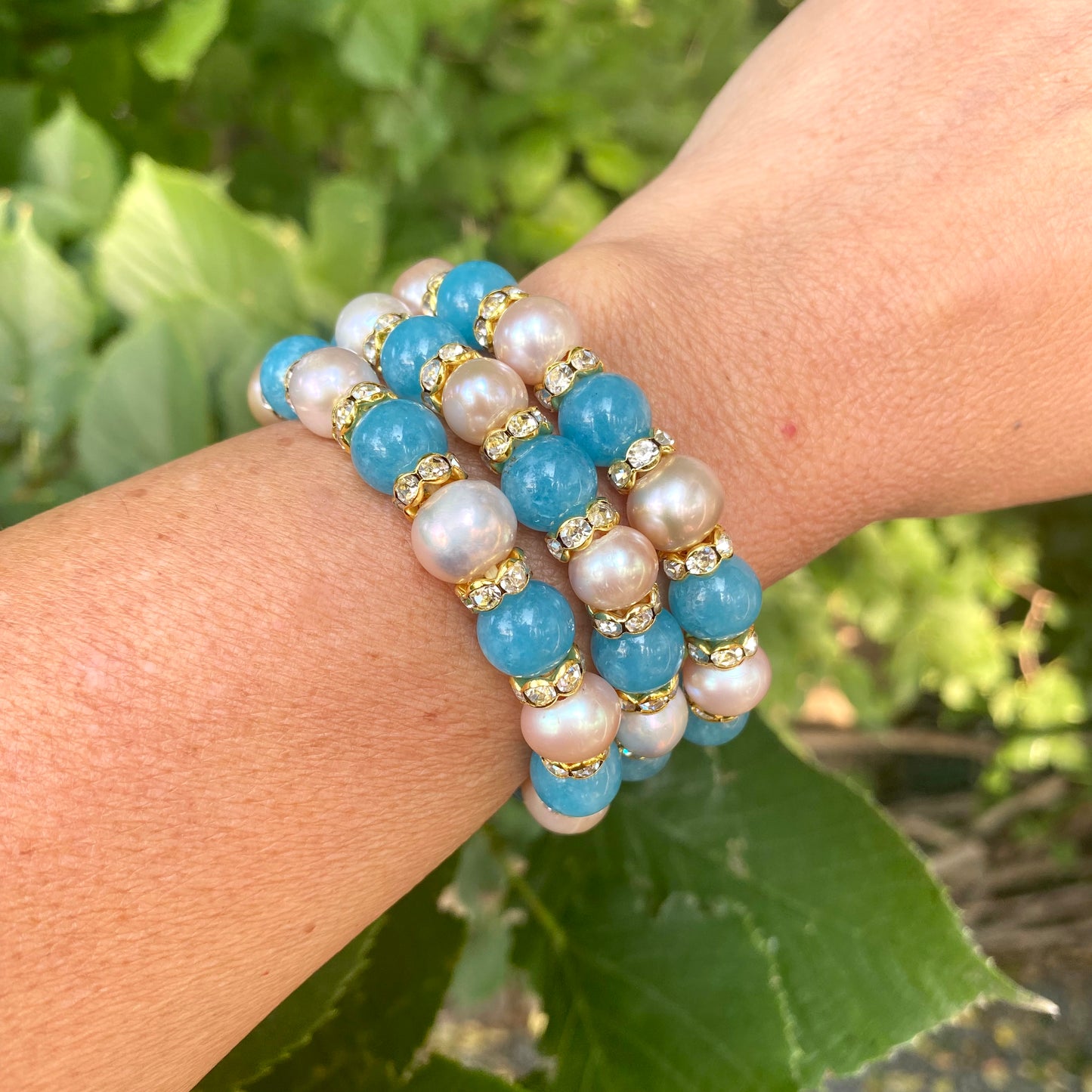 Blue sponge rose quartz pearl stretchy bracelet stacked with blue and pearl gemstone combinations