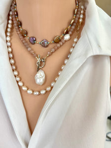 Sunstone & White Baroque Pearls Toggle Necklace, Gold Bronze & 14K GF, 17.5"