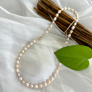 Classic Pastel Pearl Necklace of AAA+ Quality with Gold Filled Toggle Closure and Beads, 21.5"inches