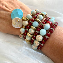 Charger l&#39;image dans la galerie, Pale Blue &amp; Deep Red Stretchy Bracelets, Opal Sediment Jasper, Red Agate, Pearl and Turquoise Charms
