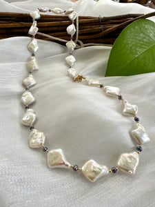 Diamond Shape White Pearls Necklace with Gold Filled and Black Pearls Details, 22"inches