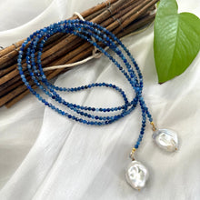 Charger l&#39;image dans la galerie, Single Strand of Blue Kyanite and two Large Baroque Pearls Lariat Necklace, September Birthstone, 48&quot;inches
