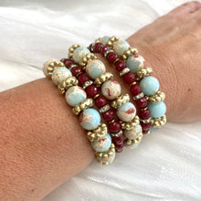 Charger l&#39;image dans la galerie, Pale Blue &amp; Deep Red Stretchy Bracelets, Opal Sediment Jasper, Red Agate, Pearl and Turquoise Charms
