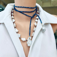 Carica l&#39;immagine nel visualizzatore di Gallery, Single Strand of Blue Kyanite and two Large Baroque Pearls Lariat Necklace, September Birthstone, 48&quot;inches
