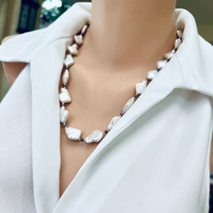 Diamond Shape White Pearls Necklace with Gold Filled and Black Pearls Details, 22"inches